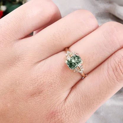 Art Deco Moss Agate Flower Design Gemstone Ring Unique Vintage Emerald Cut Moss Agate Engagement Ring Wedding Promise Ring For Women