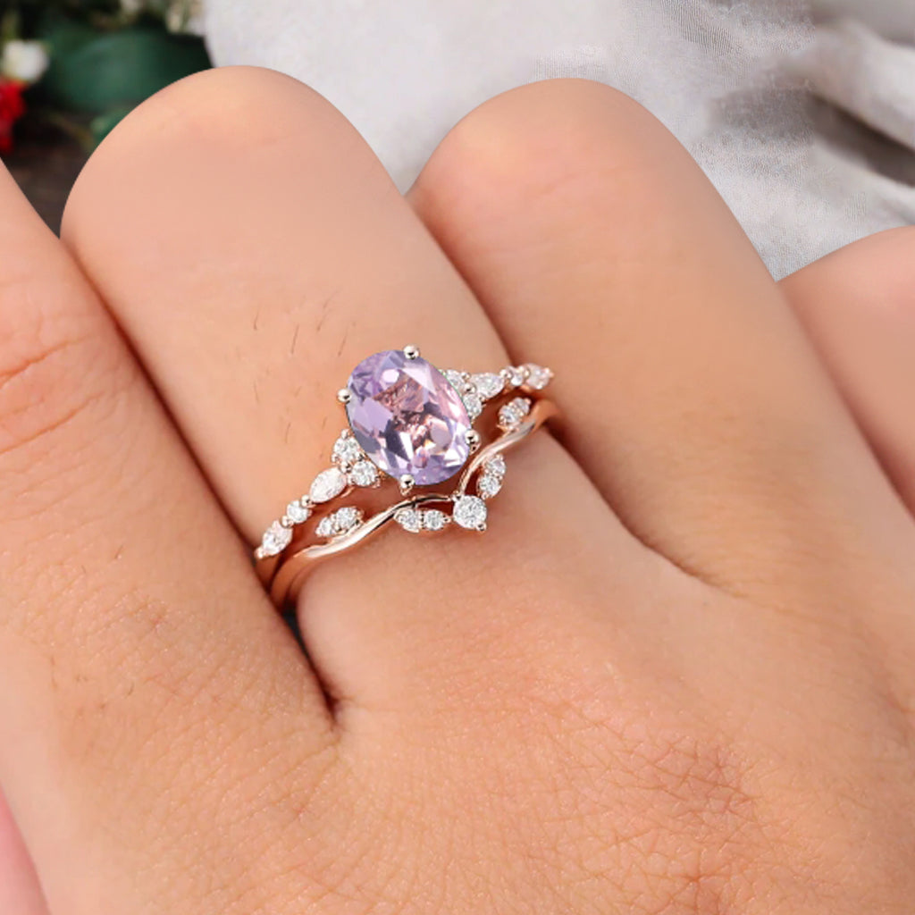 Bague de fiançailles vintage ovale en pierre de lune, bague de promesse unique en opale et moissanite