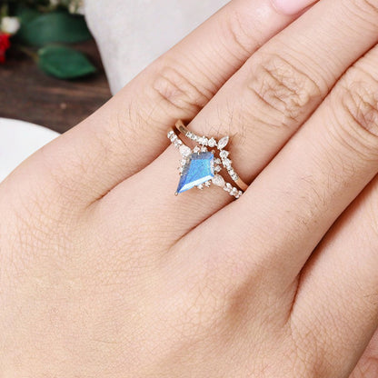 Unique Kite Cut Labradorite Engagement Ring Set Vintage Solid Gold Diamond Ring Set Women Bridal Promise Wedding Ring Set Anniversary Gift