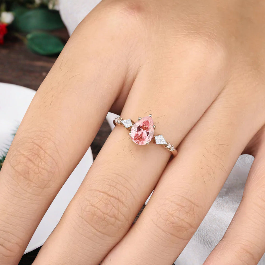 Vintage Pear Cut Pink Sapphire Engagement Rings Kite Moissanite Statement Ring Gift For Her