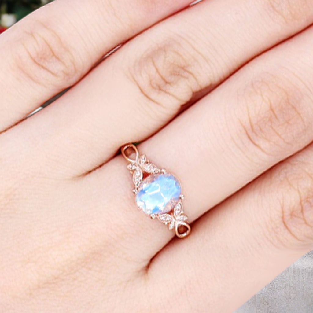 Vintage Oval Mondstein Verlobungsring Unikat Opal Moissanit Versprechensring