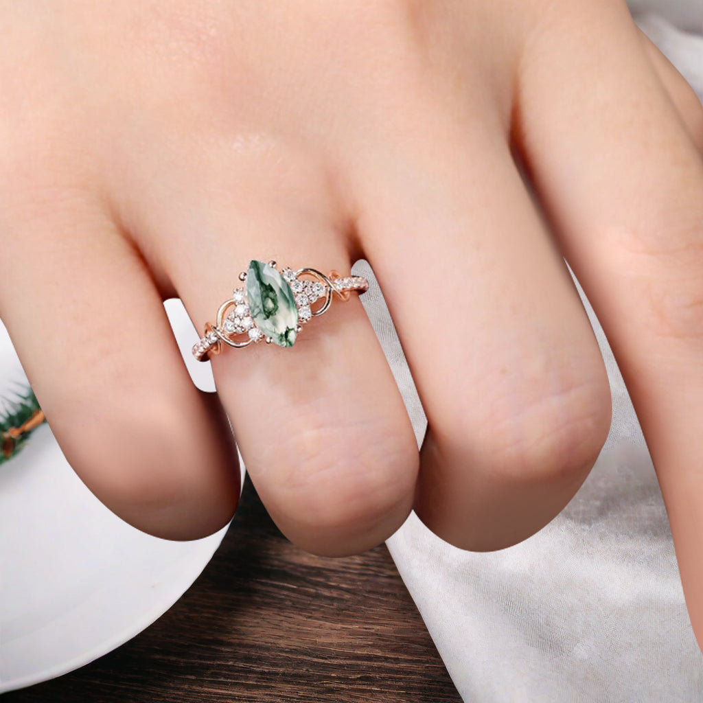 Art Deco Moss Agate Ring Unique Vintage Marquise Shape Green Moss Agate Engagement Ring Wedding Promise Ring For Women Gemstone Bridal Ring