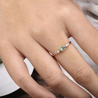 Marquise cut Moss Agate wedding band Unique 10k Rose gold wedding band Anniversary promise band