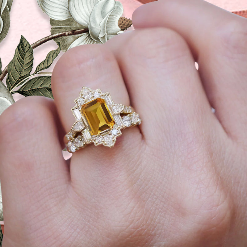 Citrine Emerald Cut Ring Art Deco Handmade Octagon Gemstone Engagement Ring Personalized Jewelry Gift