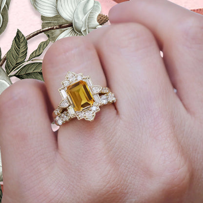 Citrine Emerald Cut Ring Art Deco Handmade Octagon Gemstone Engagement Ring Personalized Jewelry Gift