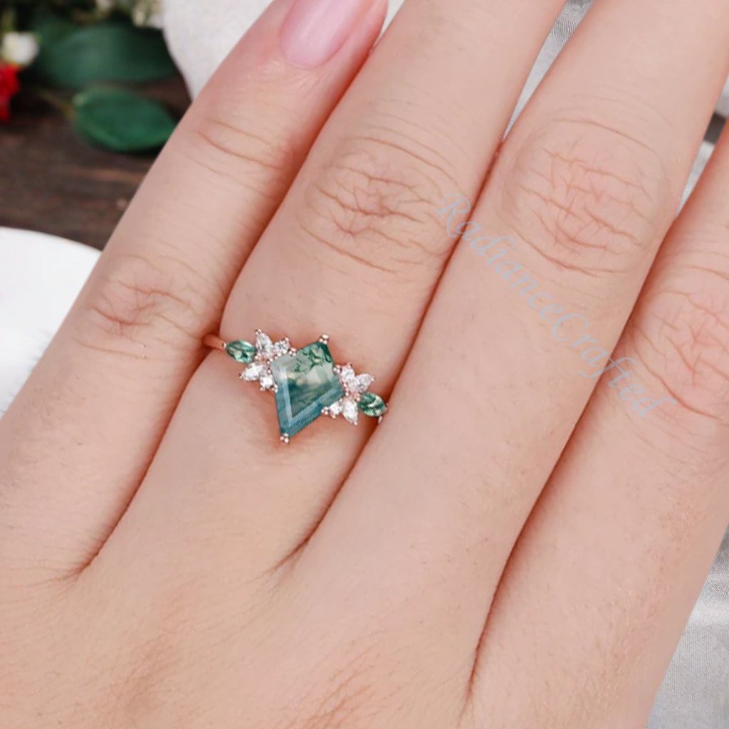 Vintage Kite Cut Green Moss Agate Engagement Ring 10k Rose Gold Butterfly Shape Moissanite Women Unique Bridal Wedding Ring