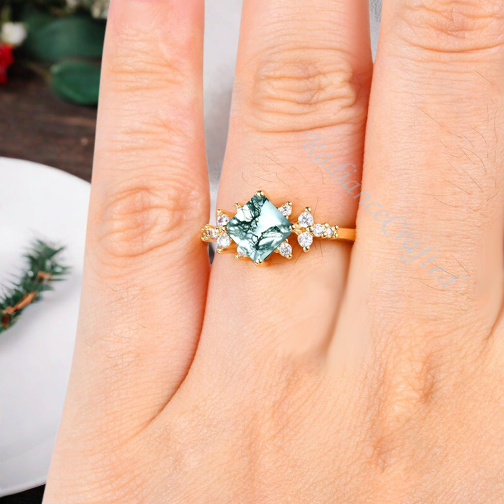 Vintage Princess Cut Ring, Moss Agate Engagement Ring, Sterling Silver Ring, Handmade 18K Gold Art Deco Promise Ring Ver.2
