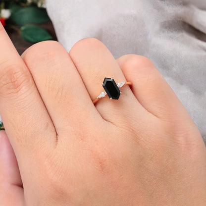 Vintage Hexagon Cut Black Onyx Ring Moissanite Engagement Ring Unique Promise Bridal Ring