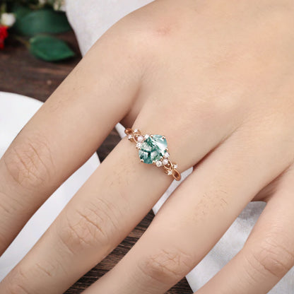 Vintage Oval Moss Agate Engagement Ring Unique Oval Moss Agate Promise Ring Ver.2