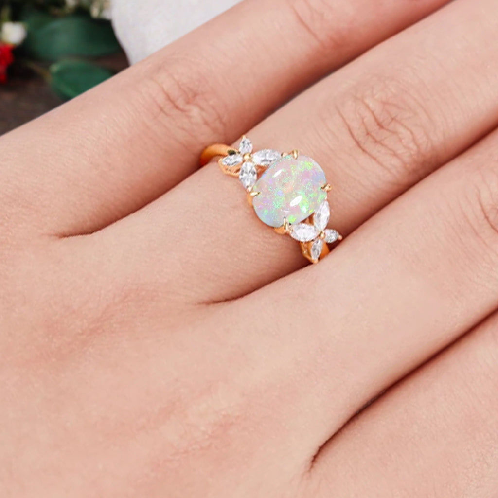Bague de fiançailles vintage ovale en pierre de lune, bague de promesse unique en opale et moissanite