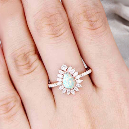 Vintage Opal Engagement Ring 14K Rose Gold Pink-White Opal Unique Gemstone Bridal Ring For Women Moissanite Halo Promise Gift For Her