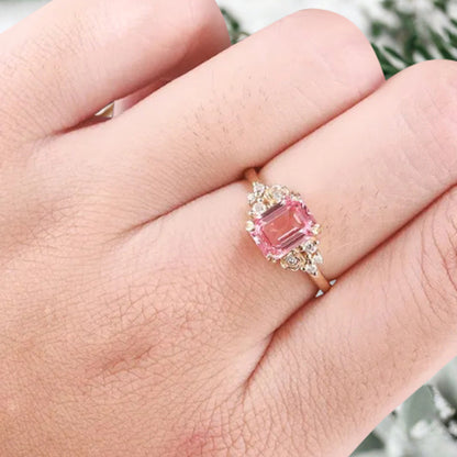 Art Deco Pink Sapphire Flower Design Gemstone Ring Unique Vintage Emerald Cut Pink Sapphire Engagement Ring Wedding Promise Ring For Women