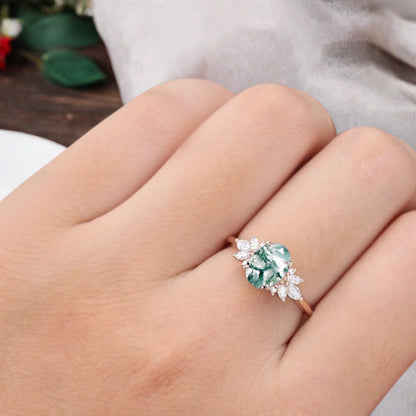 Unique Vintage Oval Cut Moss Agate Ring Solid 18k Rose Gold Ring Handmade Moissanite Engagement Ring Promise Bridal Ring Anniversary Gift