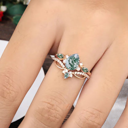 Bague de fiançailles vintage en forme de poire avec aigue-marine, ensemble de bagues de mariage uniques, cadeau d'anniversaire