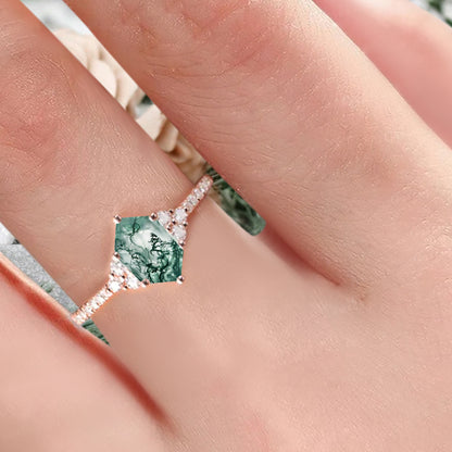 Vintage Unique Moss Agate Engagement Ring Solid 14K Gold Moss Agate Ring July Birthstone Ring Delicate Moss Agate Gemstone Ring Handmade Bridal Jewelry