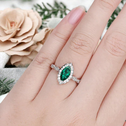 Marquise Emerald Engagement Ring Art Deco Emerald Wedding Ring Gemstone Bridal Ring 14k Gold Ring Unique Promise Anniversary Gift