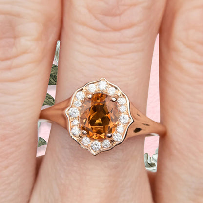 Vintage Citrine Ring Solid Gold Oval Cut Citrine Engagement Halo Ring Unique Moissanite Promise Ring Anniversary Gift Ring For Women