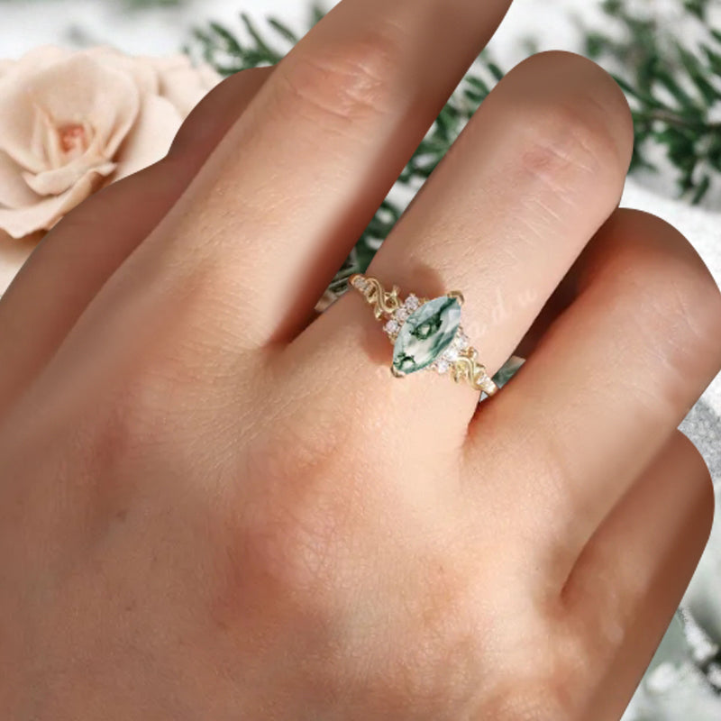 Art Deco Moss Agate Engagement Ring Marquise Shape Green Agate Ring Unique Moss Agate Moissanite Cluster Wedding Ring Vintage Ring For Her