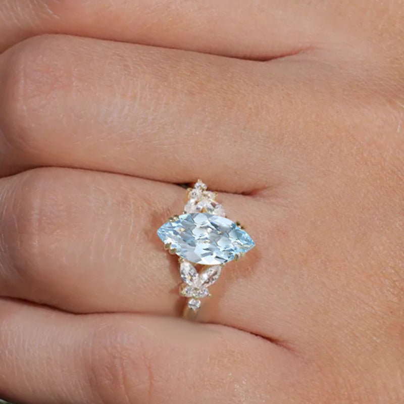 Marquise cut Aquamarine Engagement ring set Vintage Rose Gold Cluster Marquise cut Diamond Bridal set Promise Anniversary Ring Set Women