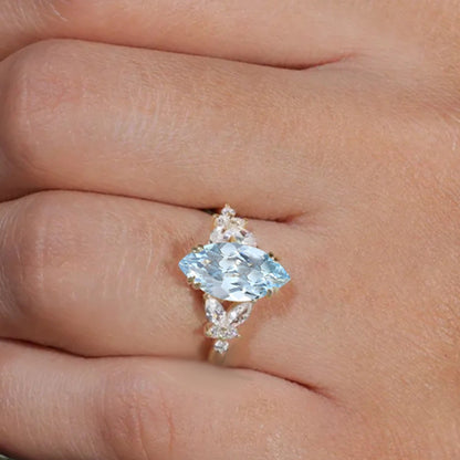 Marquise cut Aquamarine Engagement ring set Vintage Rose Gold Cluster Marquise cut Diamond Bridal set Promise Anniversary Ring Set Women
