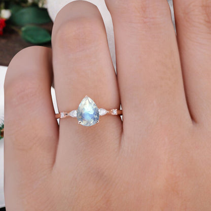 Pear Moonstone Engagement Ring in Rose Gold with Moissanite Accents | 3 Prong Dainty Pear Cut Moonstone Bridal Ring | Unique Gift for Her