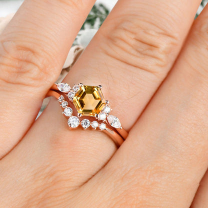 Vintage Hexagon Cut Citrine Engagement Ring Set 14k Rose Gold Bridal Ring Set Unique Yellow Citrine Wedding Ring Set Women Anniversary Gift