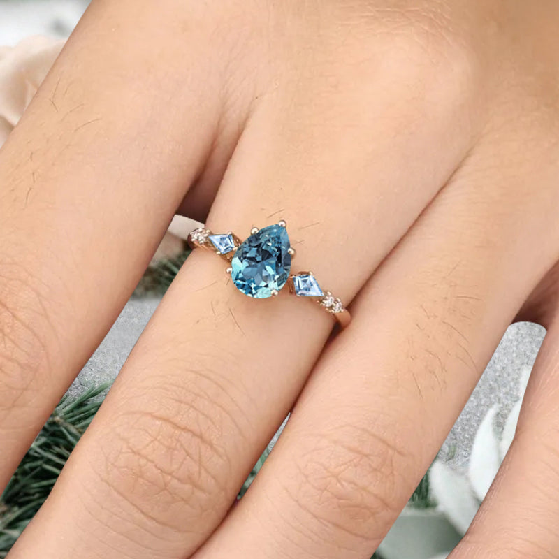 Vintage Pear Cut Aquamarine Engagement Rings Kite Aquamarine Statement Ring Gift For Her