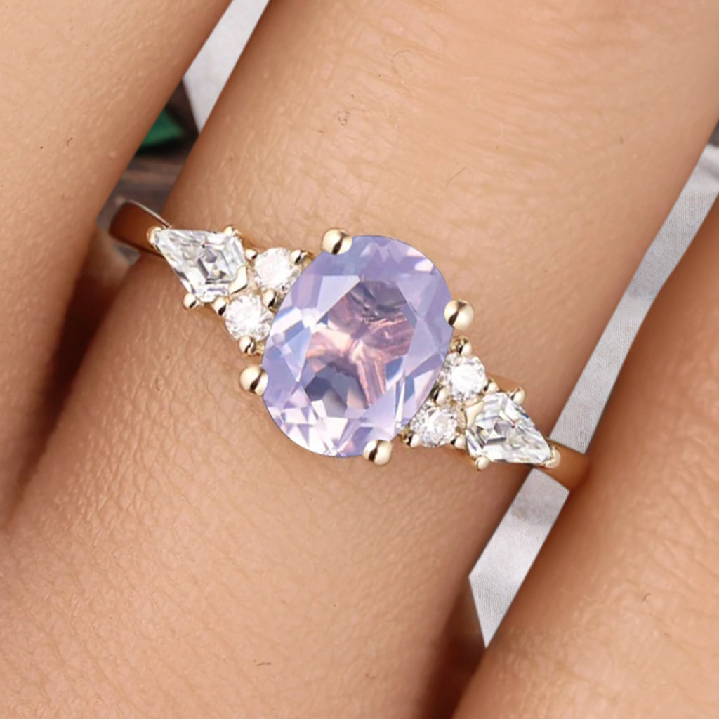 Bague de fiançailles vintage ovale en pierre de lune, bague de promesse unique en opale et moissanite