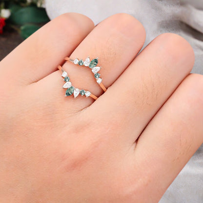 Antique Moss Agate Wedding Ring Curved Enhancer Moissanite Wedding Band Vintage Stacking Band Unique Matching Ring Promise Anniversary Gift For Her