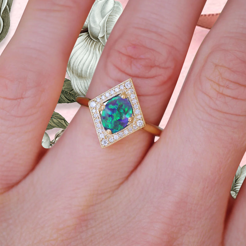 Vintage Black Opal Wedding Ring Unique Oval Shape Black Opal Engagement Ring Antique Moissanite Bridal Ring Promise Ring Anniversary Gift Ring