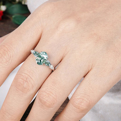 Vintage Oval Moss Agate Engagement Ring Unique Moss Agate Sidestones Oval Gemstone Promise Ring