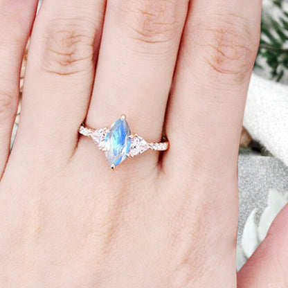 Vintage Marquise Cut Natural Moonstone Engagement Ring Sets Nature Inspired Cluster Promise Ring Rose Gold Art Deco Women Gift