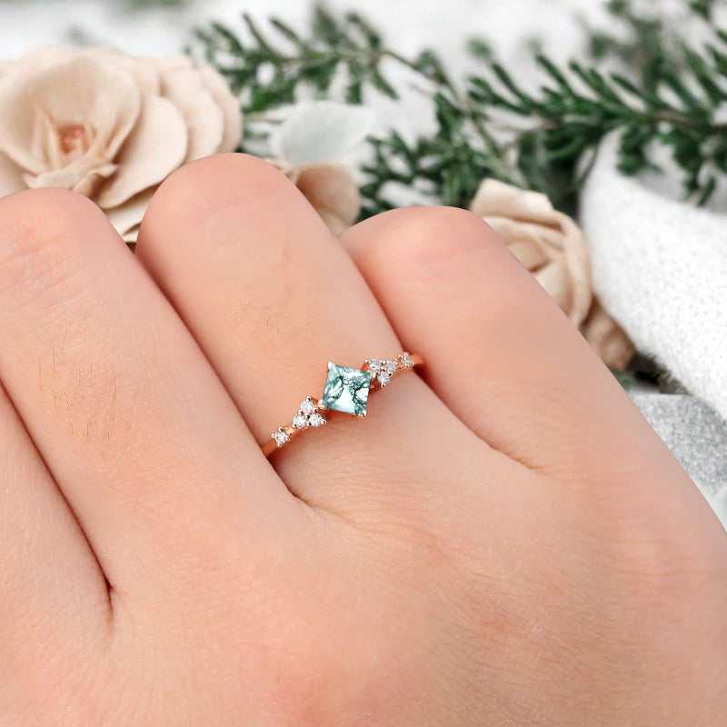 Princess cut moss agate ring 925 sterling silver ring 4 prong stones Simulated Moissanite anniversary gift