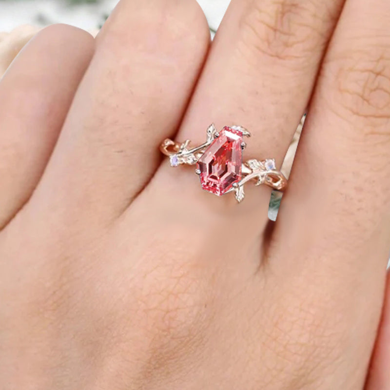 Art Deco Pink Sapphire Leaf Design Gemstone Ring Unique Vintage Coffin Cut Pink Sapphire Engagement Ring Wedding Promise Ring For Women