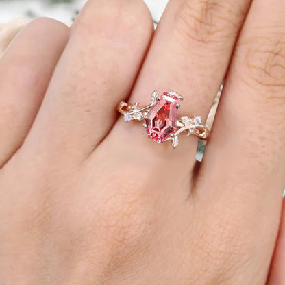 Art Deco Pink Sapphire Leaf Design Gemstone Ring Unique Vintage Coffin Cut Pink Sapphire Engagement Ring Wedding Promise Ring For Women