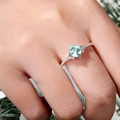 Princess Moss Agate Engagement Ring 14K Solid Gold Promise Ring Cluster Diamond Ring Unique Bridal Moissanite Promise Ring Gift For Her