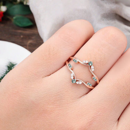Moss Agate Ring Enhancer Rose Gold Moissanite Curved Wedding Ring Double Curved Moissanite Wedding Band Anniversary Gift For Her