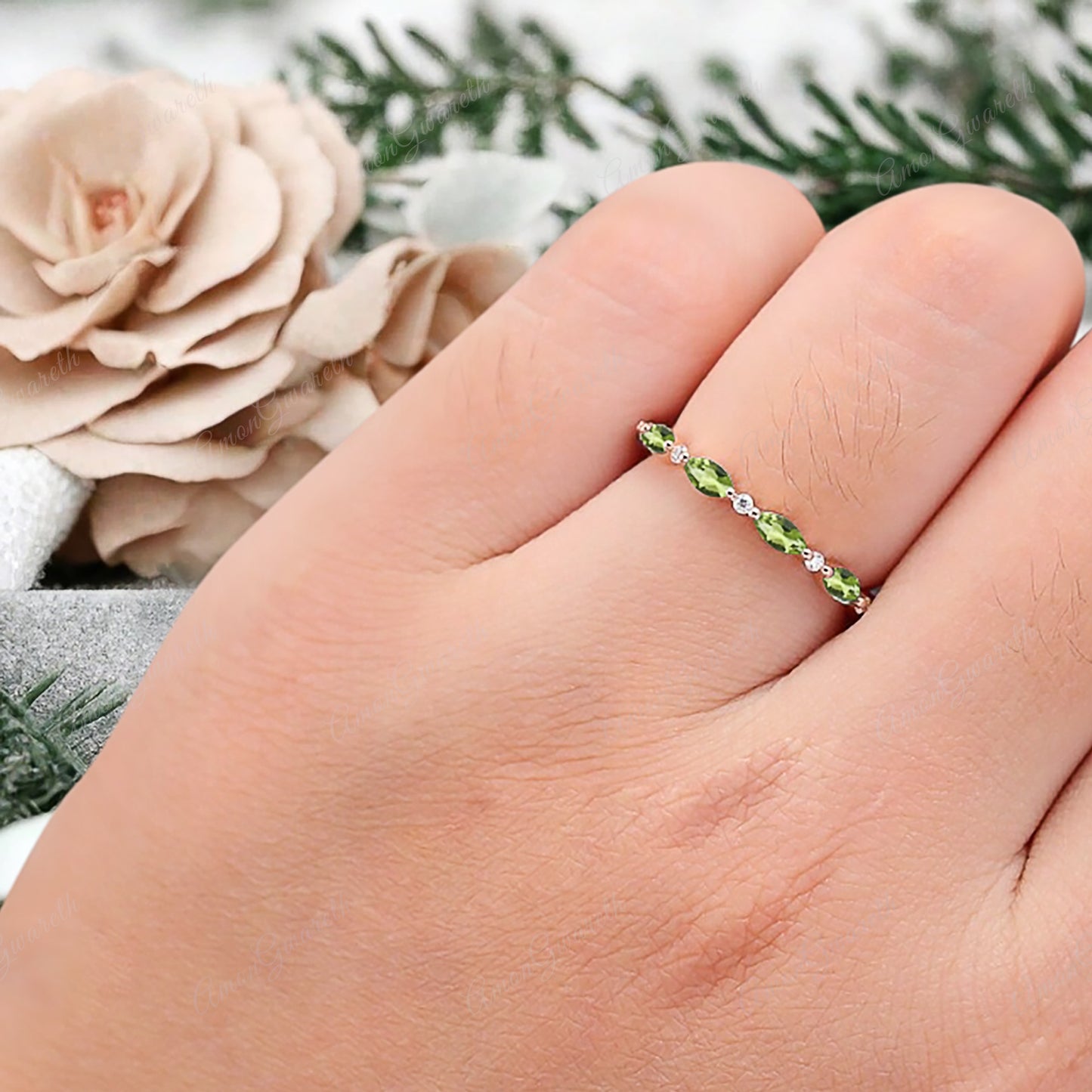 Unique Marquise Peridot wedding band Rose gold moissanite wedding band women full eternity matching stacking ring Anniversary gift for her