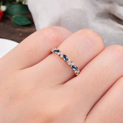 Marquise cut Alexandrite wedding band Vintage Rose gold wedding band Half eternity Moissanite Wedding band Bridal Matching Stackable band