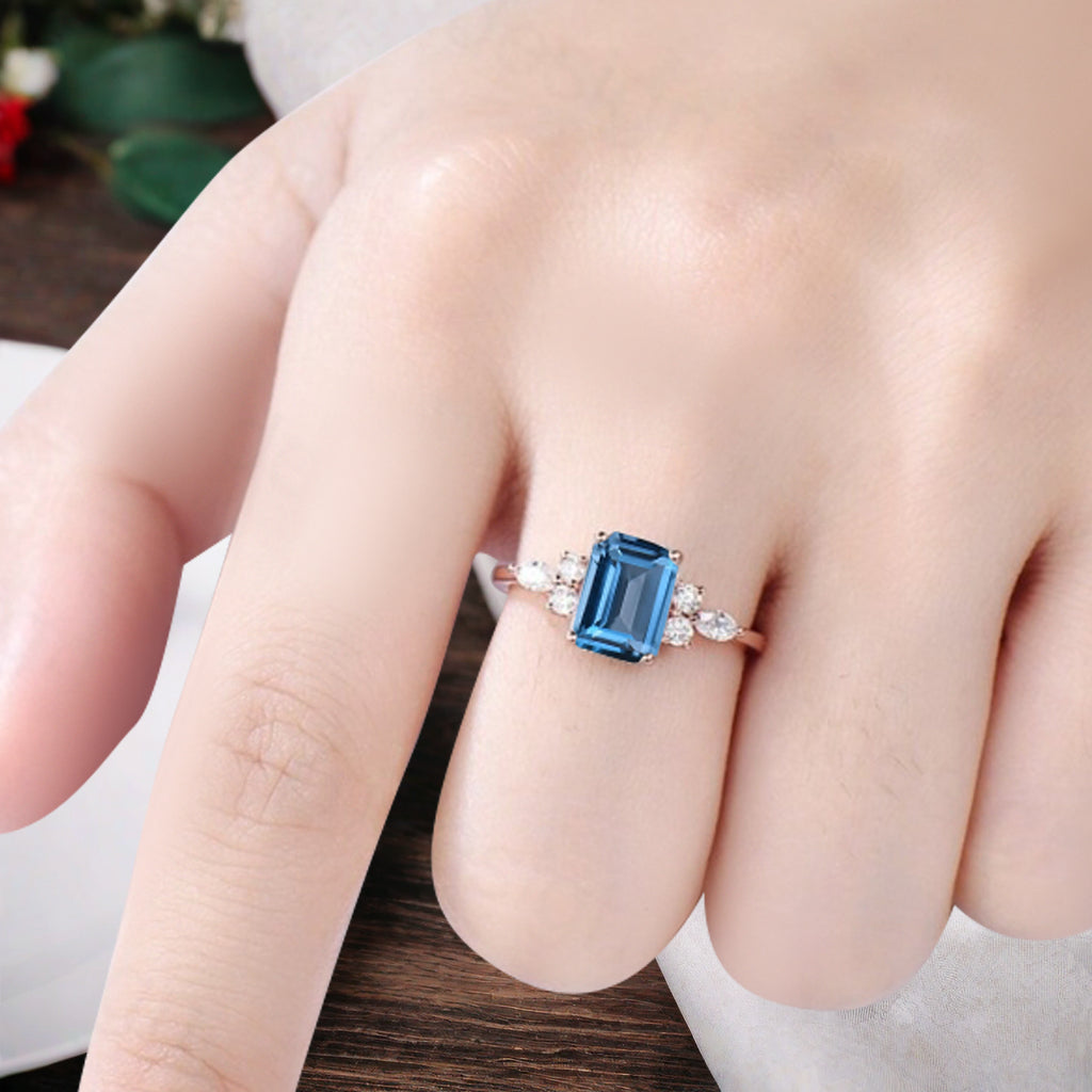 Lab Blue Topaz Engagement Ring Emerald Cut Vintage Rose Gold Moissanite Cluster Ring Bridal Promise Ring