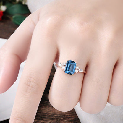 Lab Blue Topaz Engagement Ring Emerald Cut Vintage Rose Gold Moissanite Cluster Ring Bridal Promise Ring