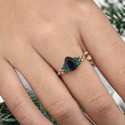 Vintage Pear Black Onyx Engagement Ring Unique Emerald Sidestones Pear Shape Gemstone Promise Ring Ver.2