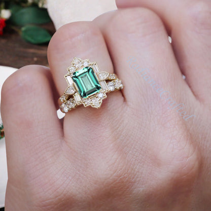Tsavoite Emerald Cut Ring Art Deco Handmade Octagon Gemstone Engagement Ring Personalized Jewelry Gift