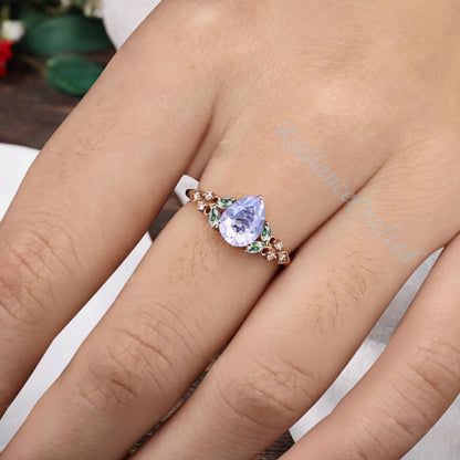 Vintage Pear Amethyst Engagement Ring Unique Moss Agate Sidestones Pear Shape Gemstone Promise Ring Ver.2
