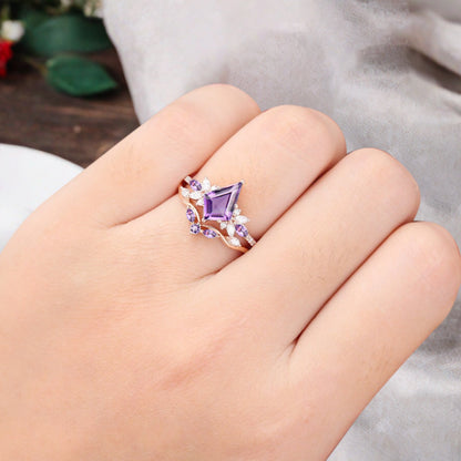 Vintage Kite Shape Amethyst Engagement Ring Set Unique Amethyst Gemstone Promise Bridal Ring Set Anniversary Gift