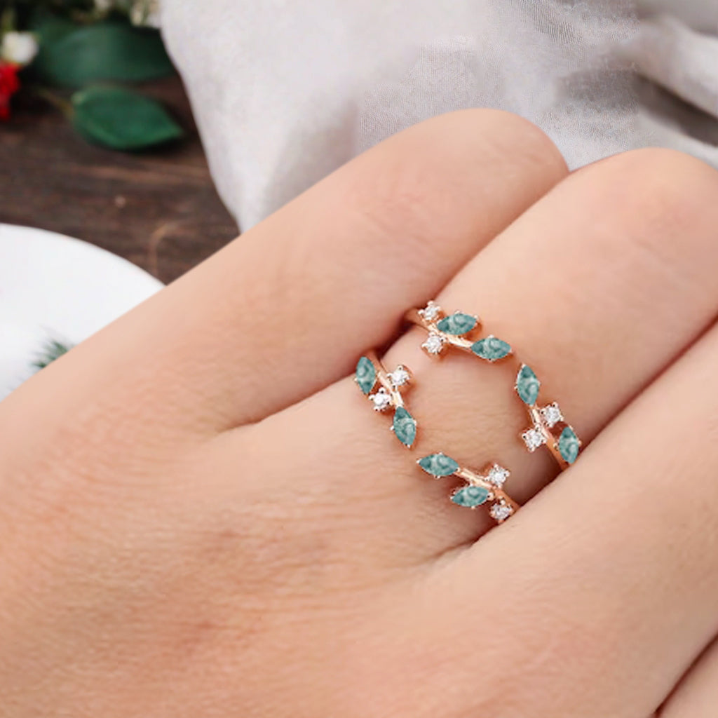 Marquise cut Moss agate wedding band Unique Rose gold enhancer band vintage moissanite double band Open wedding band leaf ring Anniversary