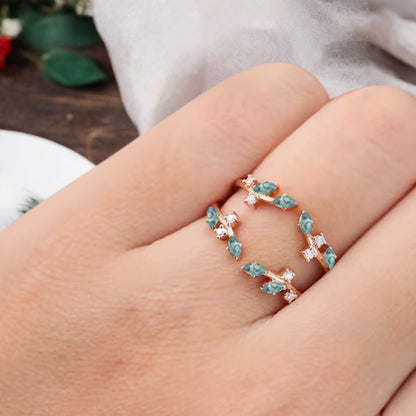 Marquise cut Moss agate wedding band Unique Rose gold enhancer band vintage moissanite double band Open wedding band leaf ring Anniversary