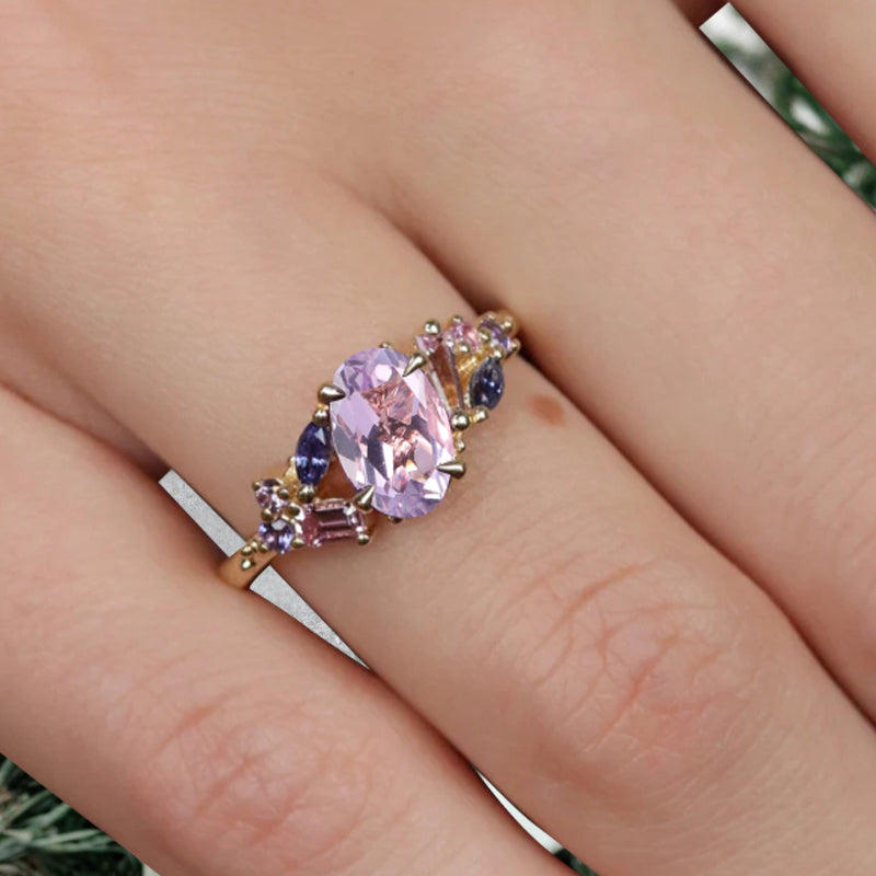 Oval Cut Lavender Amethyst Engagement Ring Vintage Rose Gold Cluster Amethyst Pink Sapphire Bridal Wedding Ring Set Unique Gift For Her
