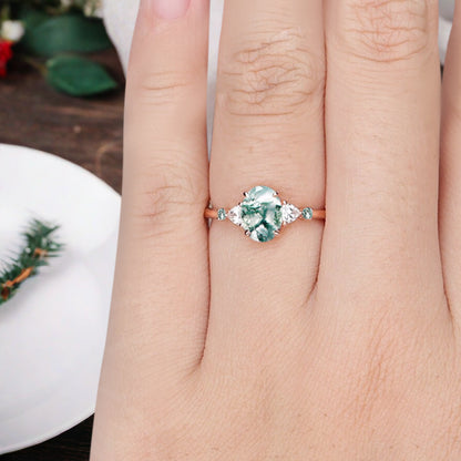 Vintage Oval Shape Moss Agate Engagement Ring Set Unique Moss Agate Gemstone Promise Bridal Ring