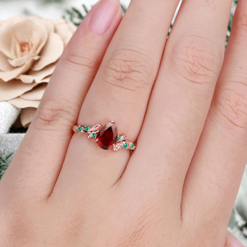 Ruby Engagement Ring Vintage Pear Cut Ruby Ring Solid 14k Rose Gold Ring Emerald Bridal Promise Leaf Ring Unique Engagement Anniversary Gift